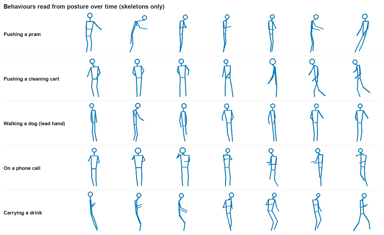 Rows of skeleton poses over time for everyday activities